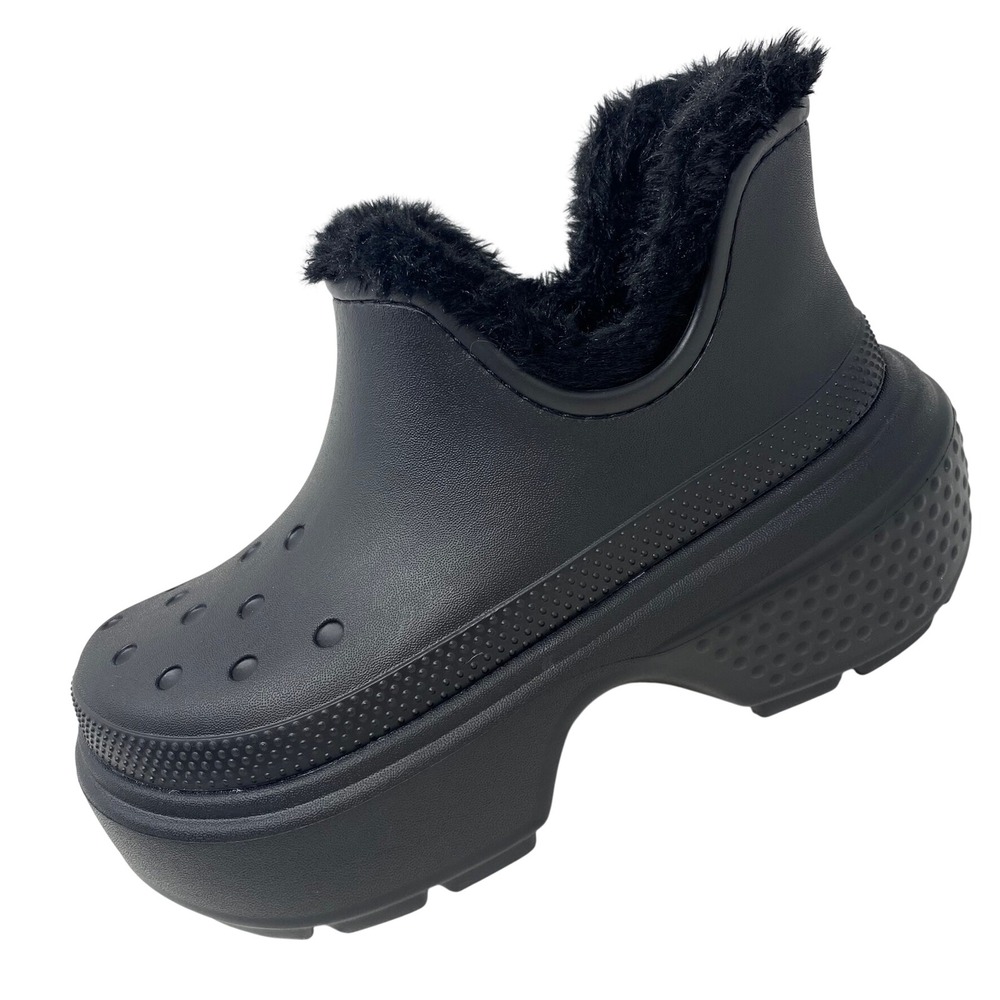 Crocs Womens 6 Mens 4 Stomp Lined Boot Black Faux Fur Platform Slip On